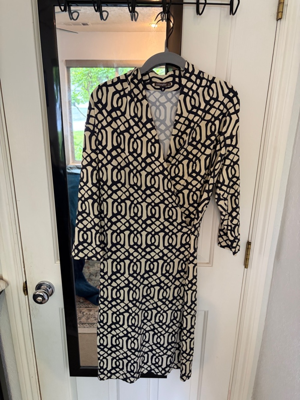 Geometric Black and Cream Long-Sleeve Wrap Dress